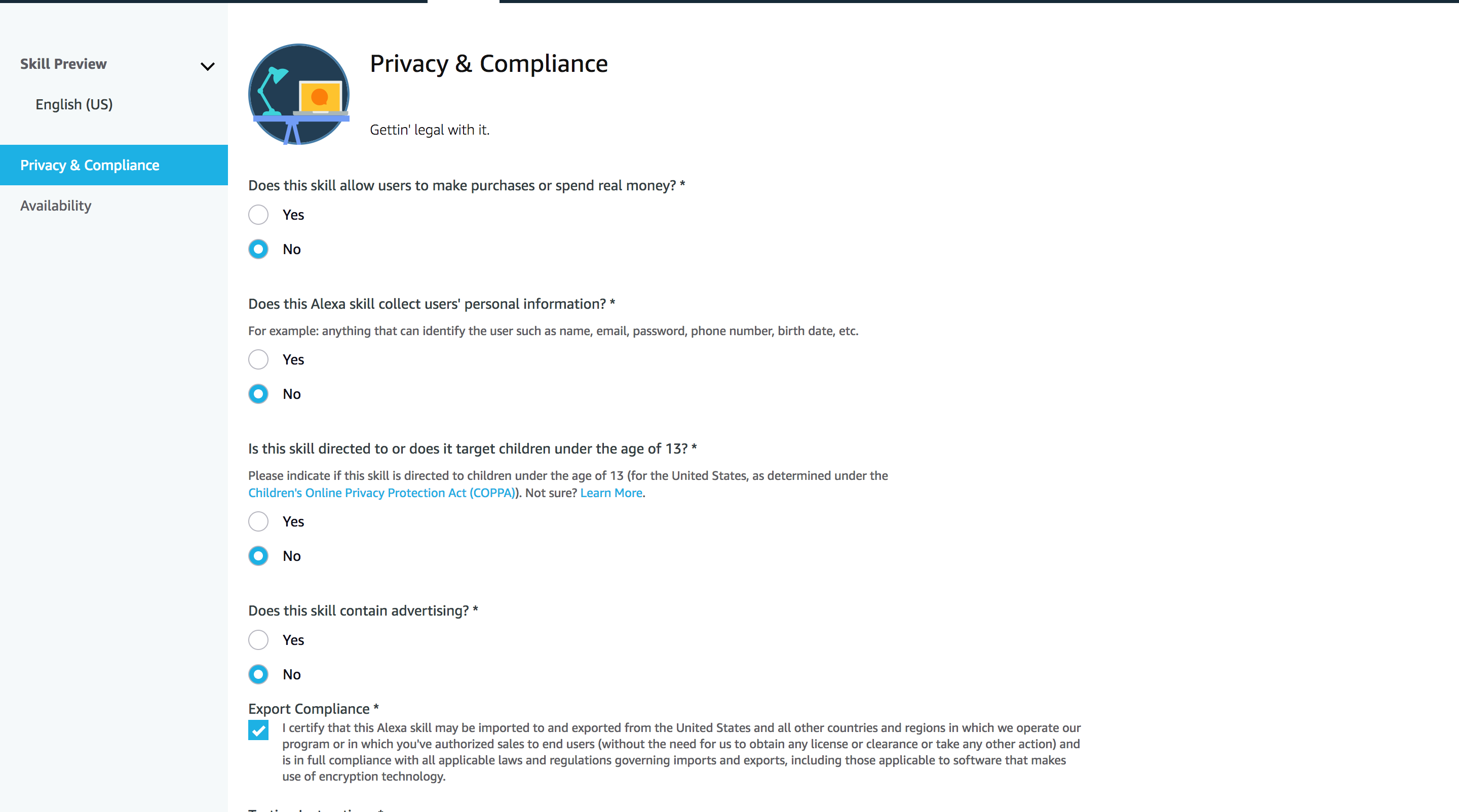 Filling out privacy and compliance form at Amazon Alexa Console