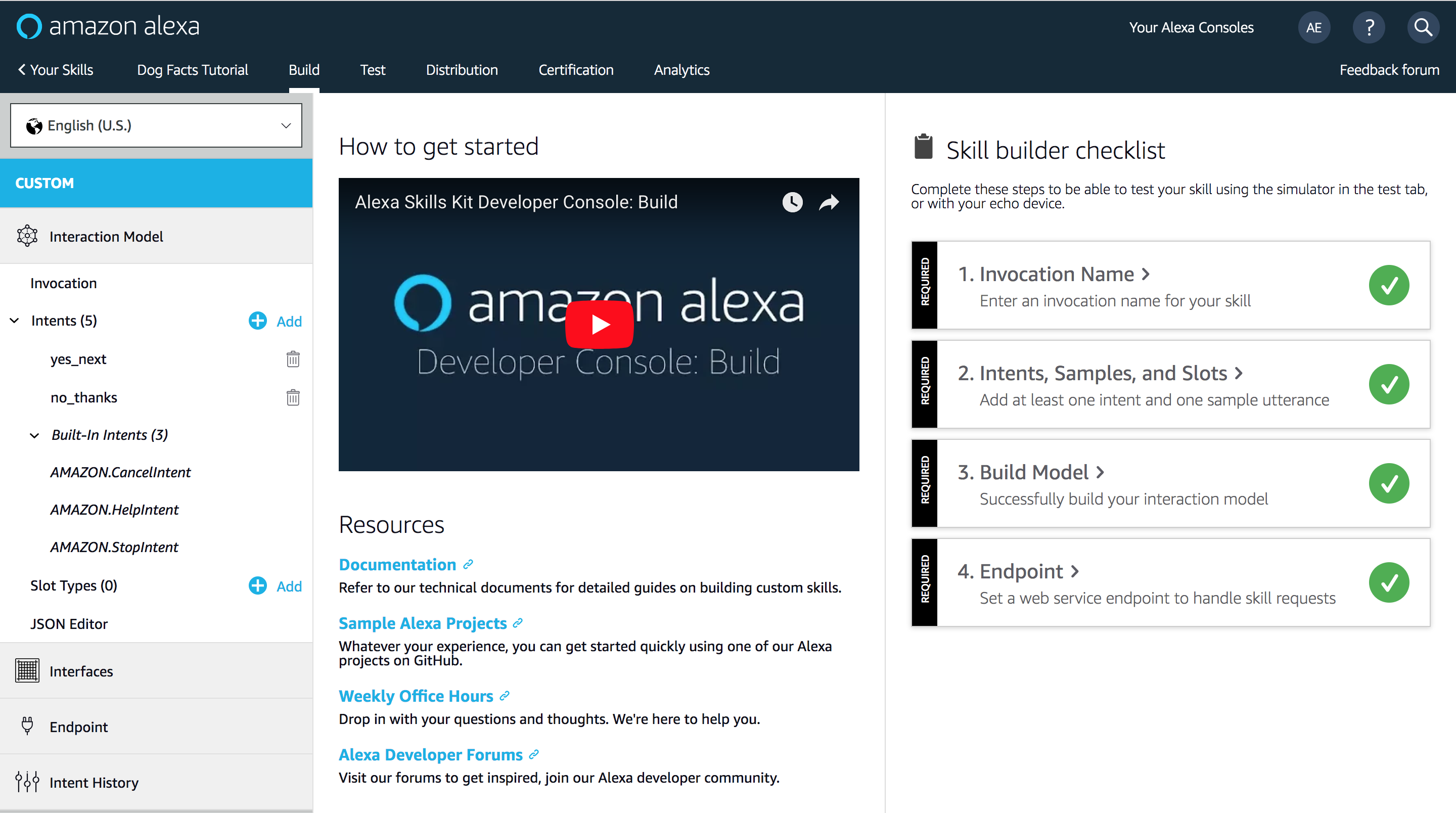 Alexa Skill Build Dashboard in Amazon Alexa Console