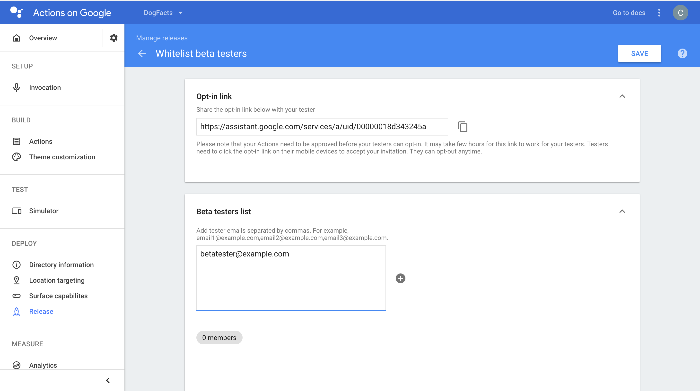 Adding beta testers to Actions on Google