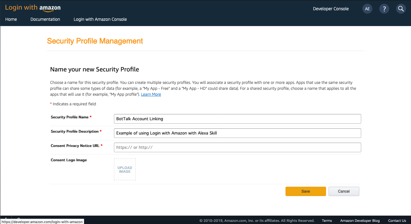 New Security Profile form