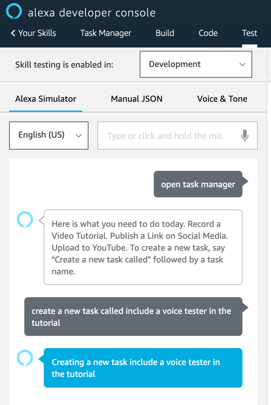 Running the first test in the Alexa Simulator