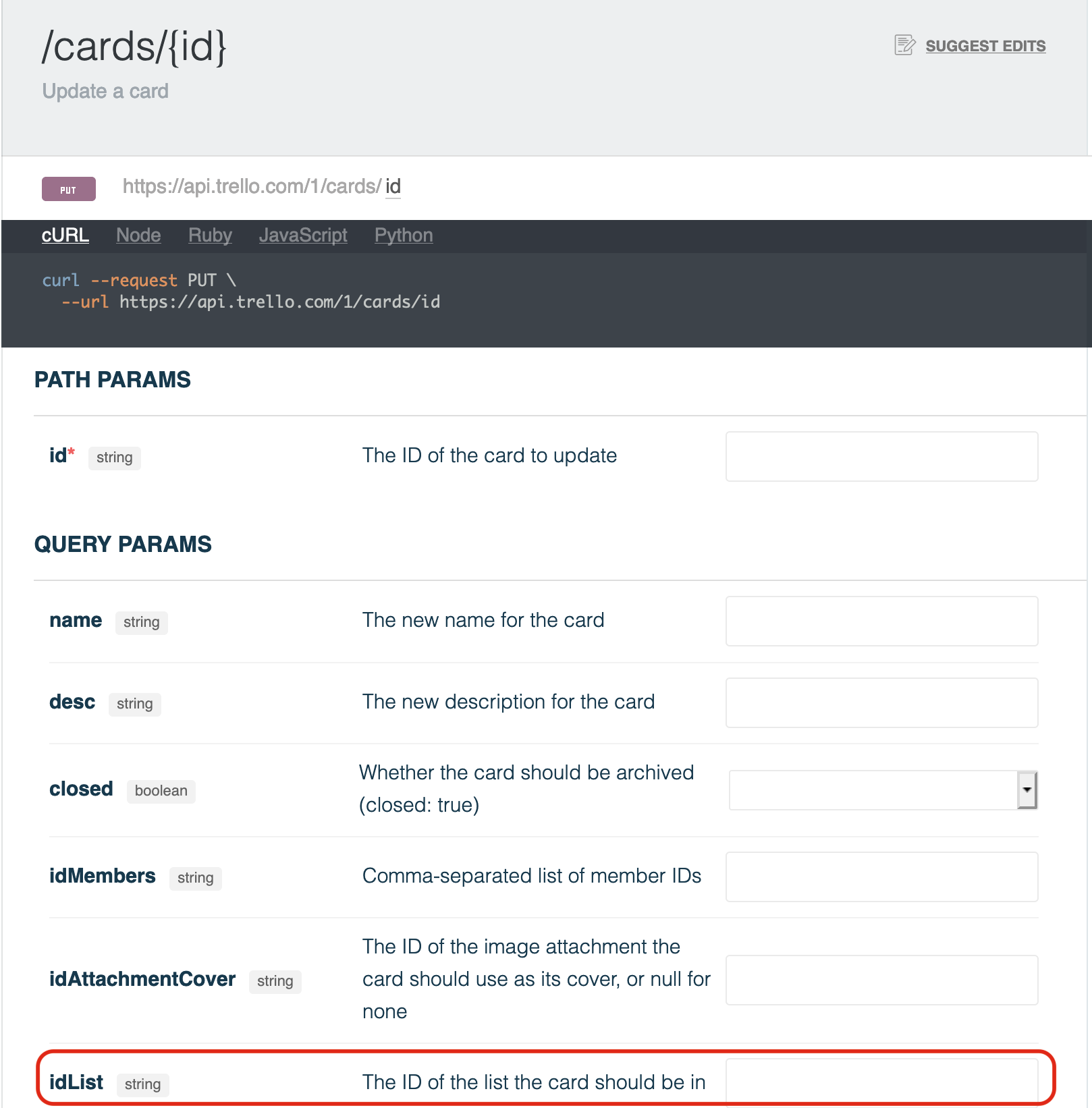 Trello documentation for putting a card into the list by id